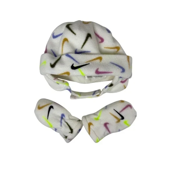 Nike Infant Fleece Hat and Mittens Set White Multi-Color‎ Swoosh Print