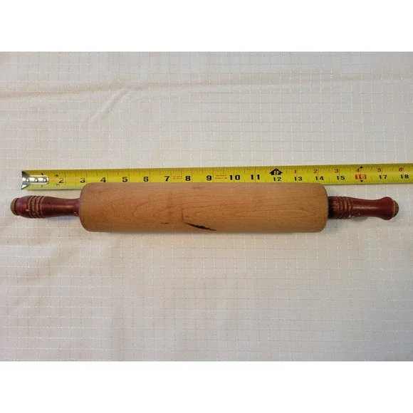 Vintage Wooden Rolling Pin Red Painted Handles Farmhouse Kitchen Primitive