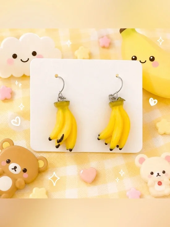 Mini Banana Bunch Dangle Earrings Kawaii Novelty Fruit