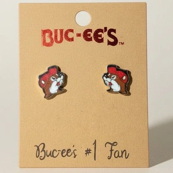 Buc-ee's‎ Beaver Mascot Stud Earrings Red Hat Glitter Enamel Texas Road Trip Fan