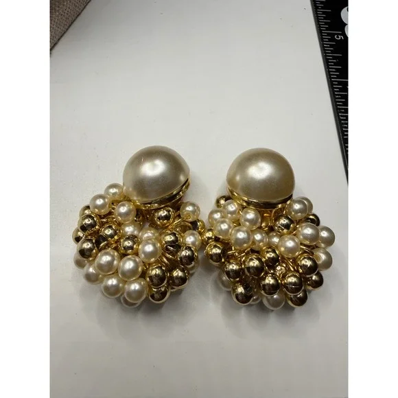 Vintage Faux Pearl Gold Tone Cluster Clip On Earrings Statement Door Knocker‎