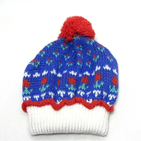 Vintage Toddler Beanie Hat Winter Cap‎ Red Blue Flowers Floral Pom Pom 90s