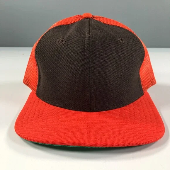 Vintage New Era Trucker Hat Boys Youth Size Orange Brim Brown Front Mesh Back