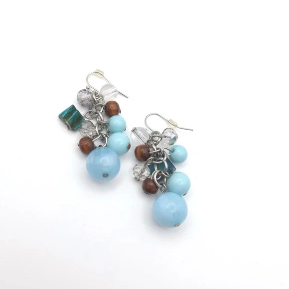 Boho Blue Cluster Dangle Earrings Wood Crystal Bead Silver Tone‎ Drop 2 Inch