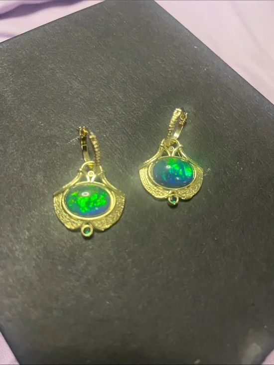 Gold-Tone Earrings with Green-Blue Opal Cabochons - Women Jewelry
