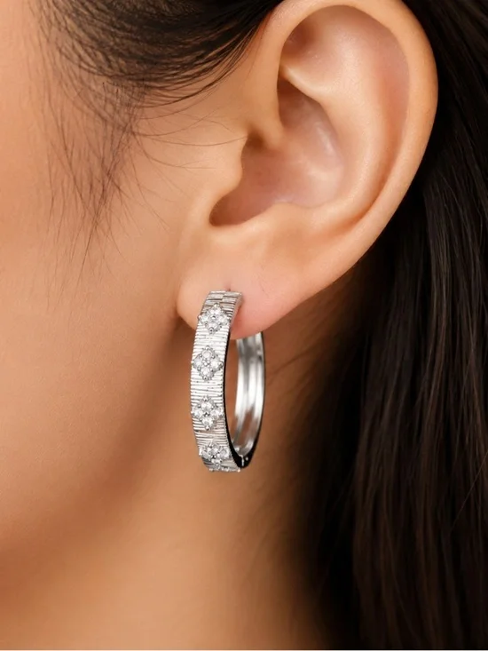 Elegant Silver tone Crystal Hoop Earrings - Silver tone finish