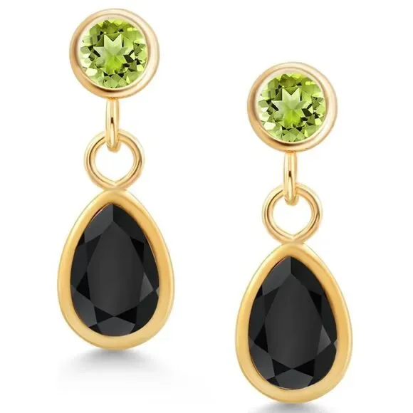 14K Yellow Gold with 1.00 Cttw Black Onyx and Peridot Post Back Drop Earrings