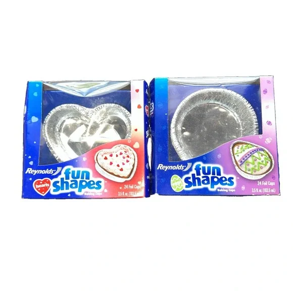 2-Reynolds Fun Shapes 24ct Aluminum Foil Baking Cups 2006 Discontinued Heart Egg