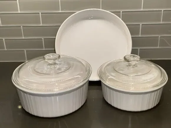 5pc Vintage Corningware French White Round Casserole Set F-5-B, F-1-B, F-3-B