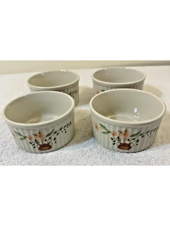 4 VTG 1980 COUNTRYSIDE Stoneware Collection Ramekin Dessert Dish Floral Basket