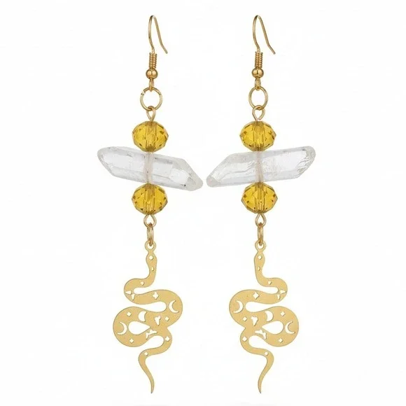 Gold‎ Snake Moon Phase Quartz Crystal Dangle Earrings