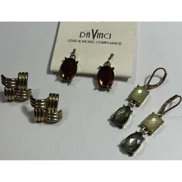 3Pc Mixed Earrings Lot Da Vinci Gemstone Gold Tone Vintage Style New & Used