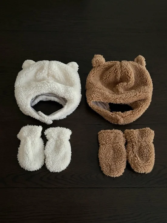 Cozy Baby Bear Hat & Mitten Set - Ivory and Brown NWOT