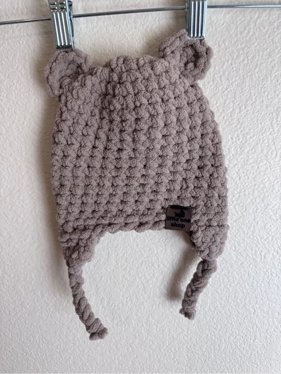 Cozy Taupe Bear-Ear Knit Hat with Braided Ties