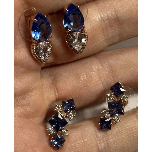 2Pc Blue Crystal Earrings Lot Rose Gold Tone Studs Elegant Gift Jewelry