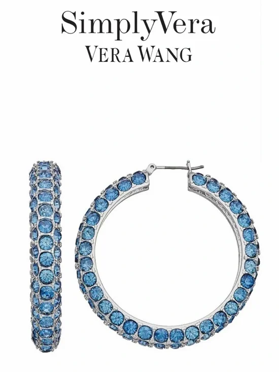 VERA WANG Silvertone w/blue crystal hoop earrings