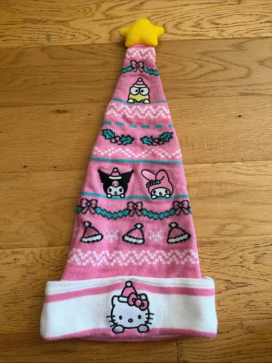 14Y+ - Sanrio Pink Knit Kids Holiday Hat with Yellow Star Top