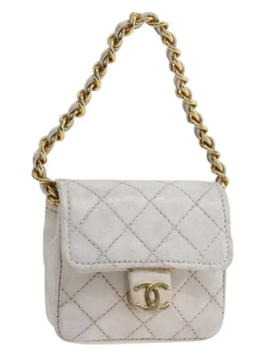 CHANEL Minimini Matelasse 7 Pouch Leather White Gold CC Auth LNZ849