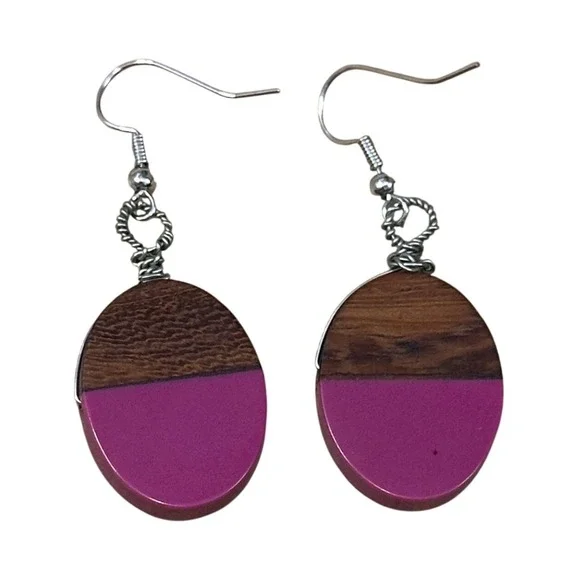 Handcrafted Wood and Magenta Resin‎ Oval Drop Earrings Silver Hook Dangle Boho