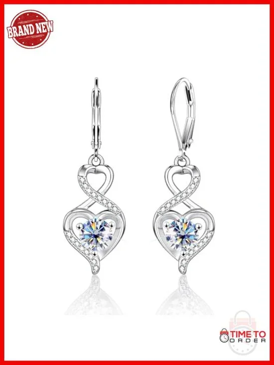 2ct Heart Moissanite Dangle Earrings Silver 14K Gold Plated Lever Back
