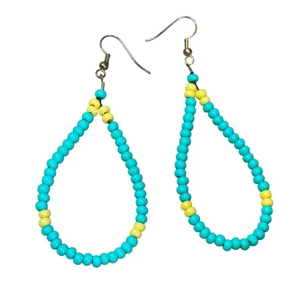 Handcrafted Beaded Teardrop Dangle Earrings Turquoise Blue Yellow Boho Hoop‎