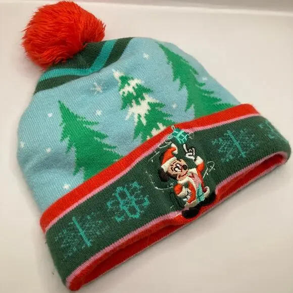 Disney Kids OS Santa Mickey Christmas Winter Pompom Beanie Novelty Ski Outdoors