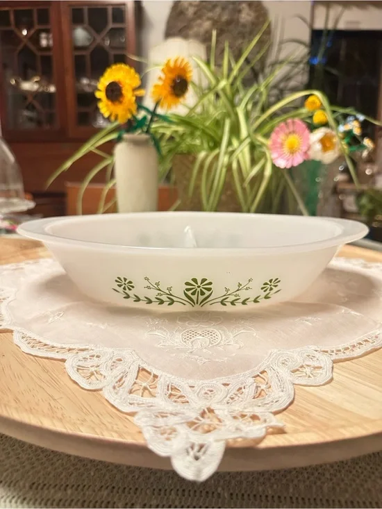 Vintage Glasbake Green Daisy Divided Casserole Serving Dish USA