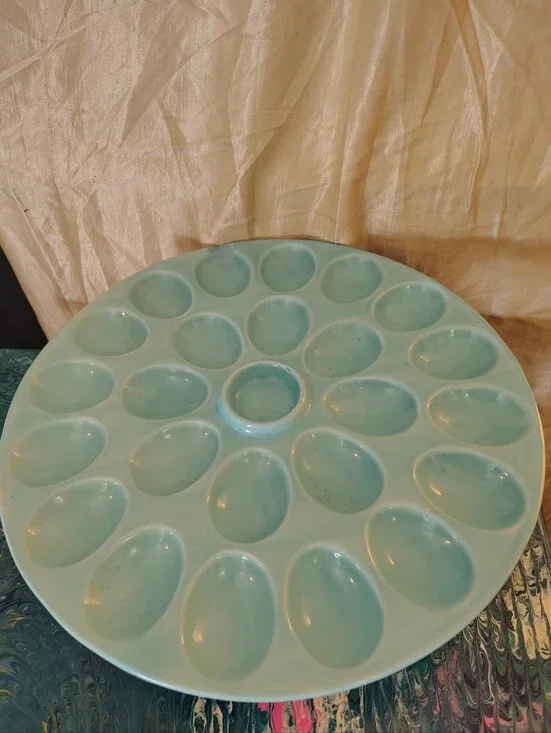 Posh Tag Light Aqua Ceramic Footed Deviled Egg Platter w/ Center Dip Bowl 12.5