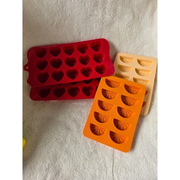 Silicone Candy Ice Mold Set 4pc Red Hearts Orange Yellow Citrus Fruit Slices