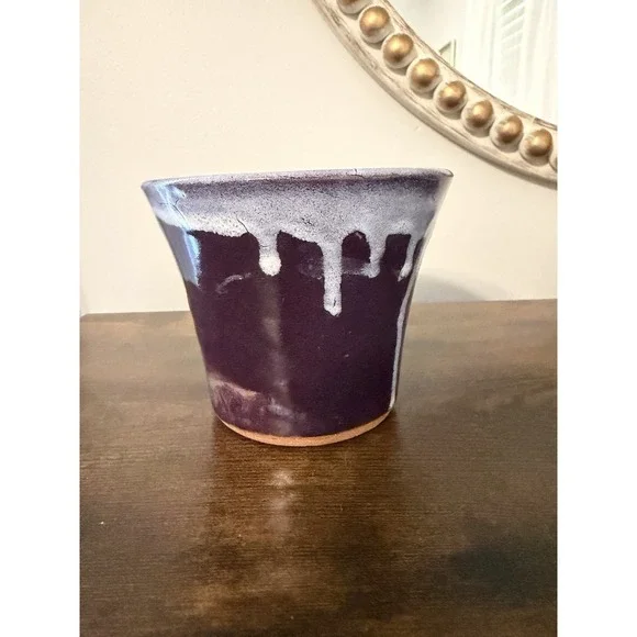 Studio Pottery Apple Baker Purple Drip Glaze Signed on Bottom Stoneware 5