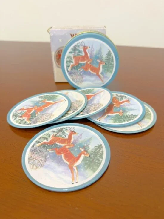 VTG JSNY Cottagecore Winter Deer Coasters 6pc Set With Tin
