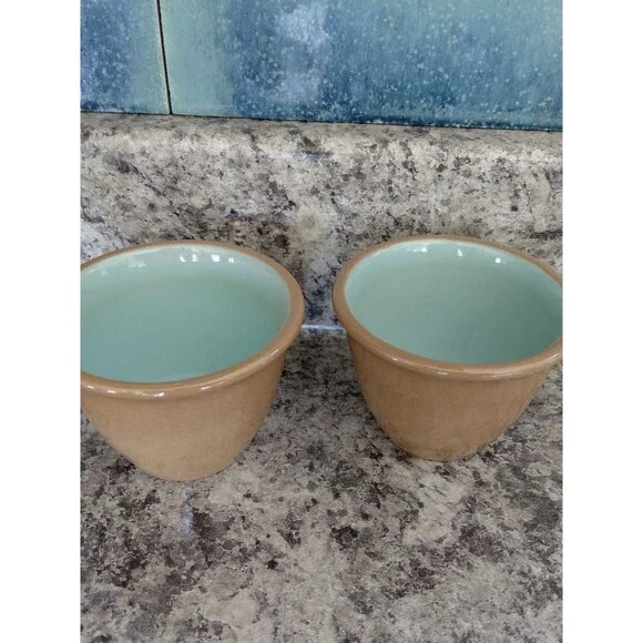 Stoneware Custard Ramekins- Tan Exterior with Light Aqua Interior (Set of 2)