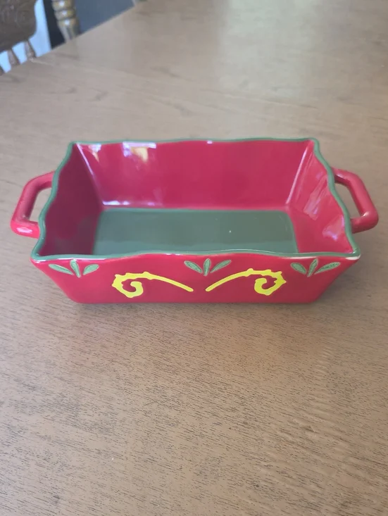 Red and Green Ceramic Serving Baker with Decorative Yellow Accents