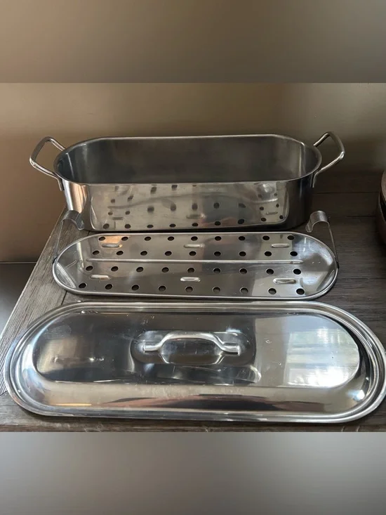 Inox 16 by6” Stainless Steel Fish Poacher Steamer Roast Bake Pan 3pcs Italy 18C