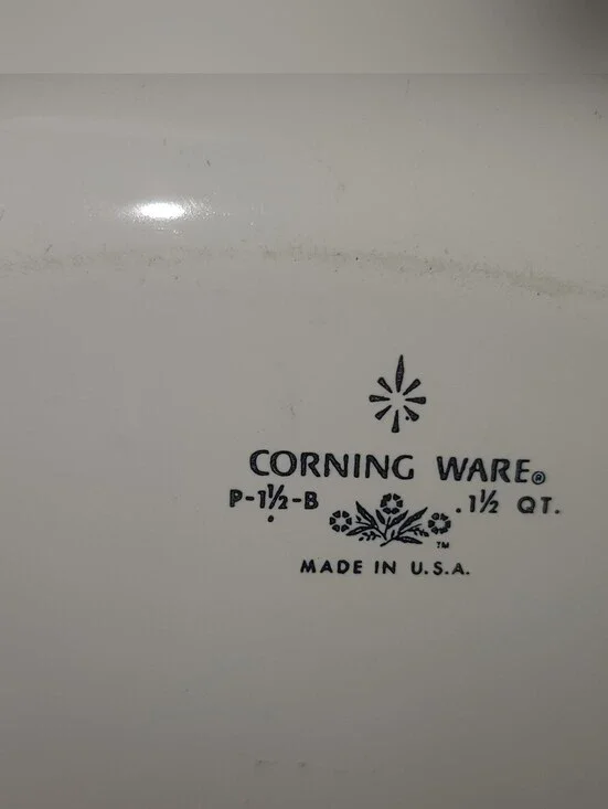 Corningware White Serving Dish with Blue Logo and Floral Marking. 1.5 Quart