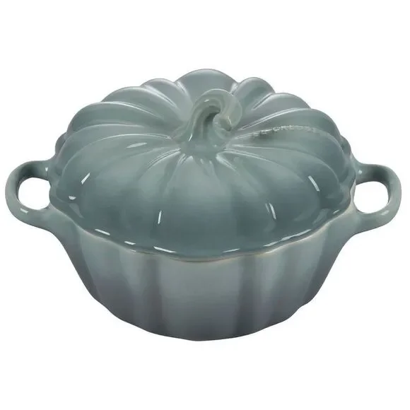 Le Creuset Stoneware Figural Pumpkin Mini Cocotte 12 oz Sea Salt Green NEW NIB