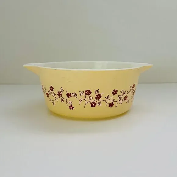 PYREX Cream Brown Trailing Flowers 475-B Casserole Dish 2.5 Qt