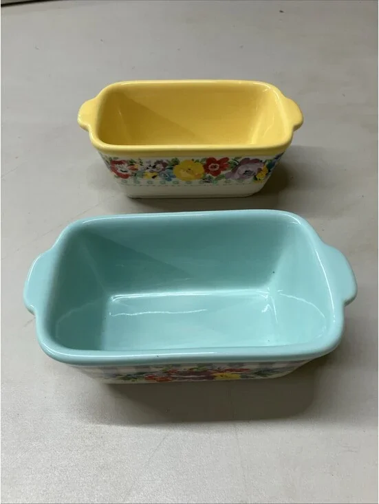 The Pioneer Woman Mini Loaf Pans Ceramic Set of 2 Floral Yellow Teal Stoneware