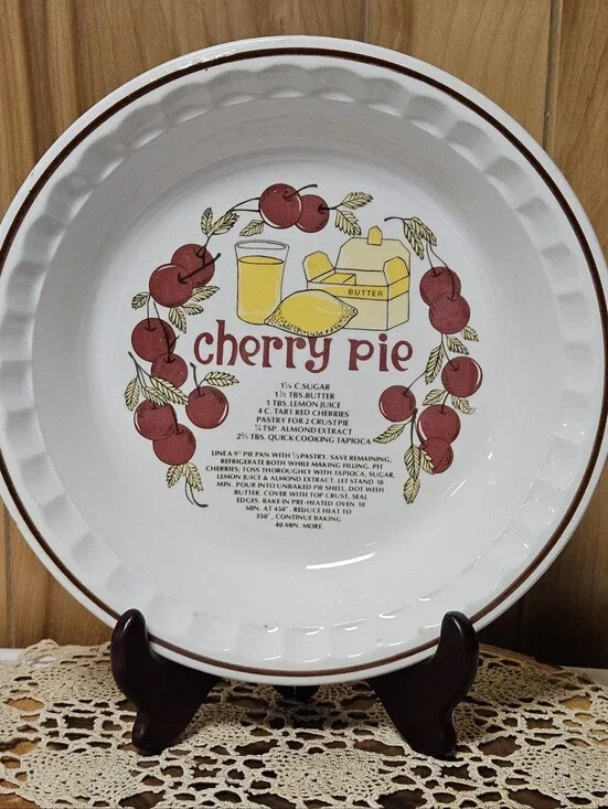 Vintage Hankook Korea Ceramic Deep Dish Cherry Pie Plate With Printed Recipe
