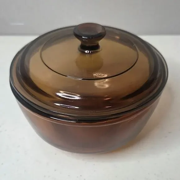 Anchor Hocking Fire King 436 Amber Brown 1 Qt Round Glass Casserole Dish and Lid