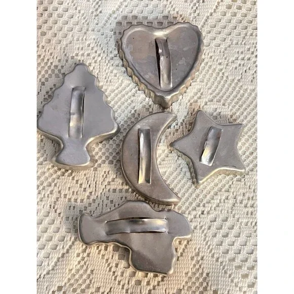 Vintage Aluminum Christmas Cookie Cutter Set Santa Tree Heart Moon Star 5 Pc