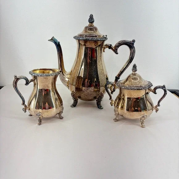 International Silver Co Silver Plated 3pc Tea Set Teapot Sugar Creamer Footed