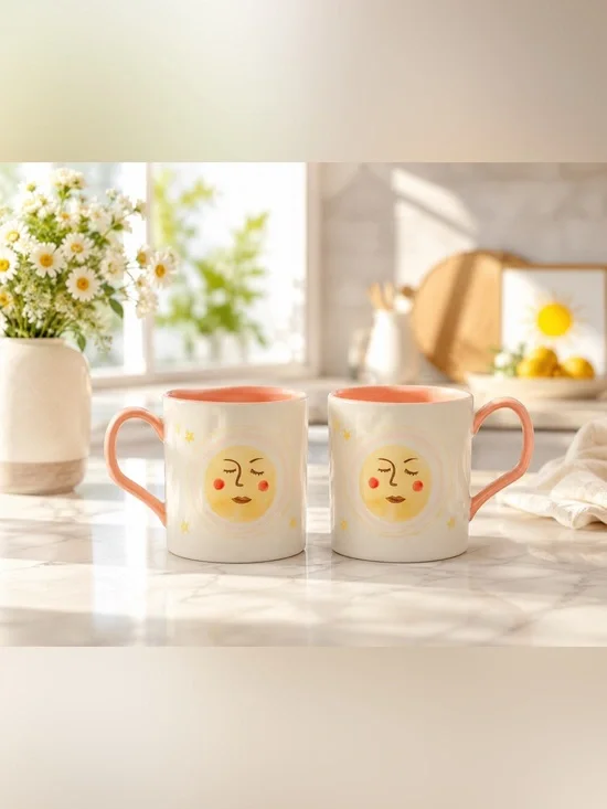 2 NEW Coral and Yellow Sun Hand Painted Ceramic Mugs