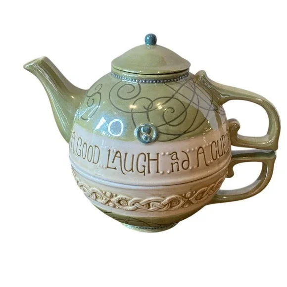 Grasslands Road Nesting Teapot Celtic Inspired Design Floral Green Cream 2 Piece
