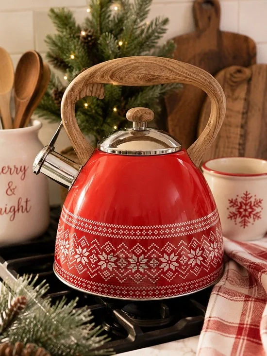 Red Snowflake Tea Kettle Nordic Holiday Stovetop Whistling Kettle 2.6 Qt