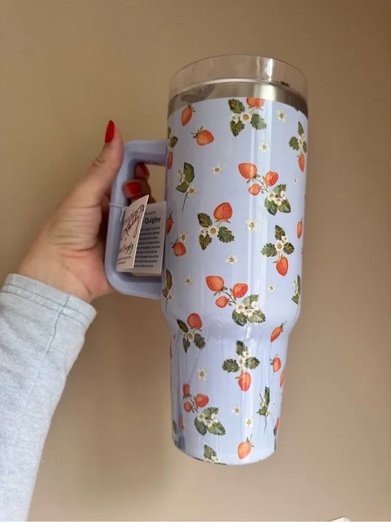 Strawberry Print Light Blue Travel Tumbler with Handle