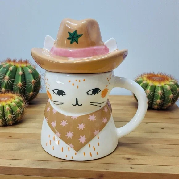 WORLD MARKET Cowboy Cat Mug with Bandana detail and hat lid