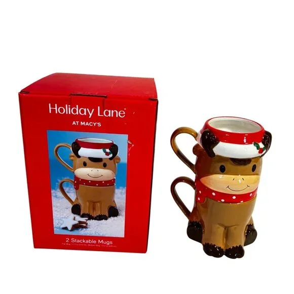 Holiday Lane Christmas Reindeer Themed Stackable Ceramic 2 PC Mug Set New in Box