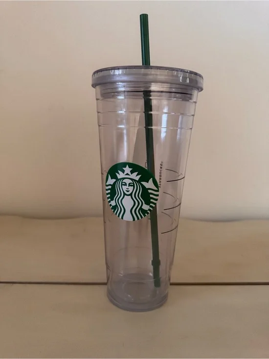 Starbucks Clear Tumbler with Green Logo and Dark Green Straw