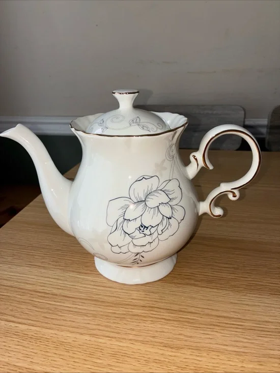 Elegant Cream Floral Porcelain Teapot with Gold Trim